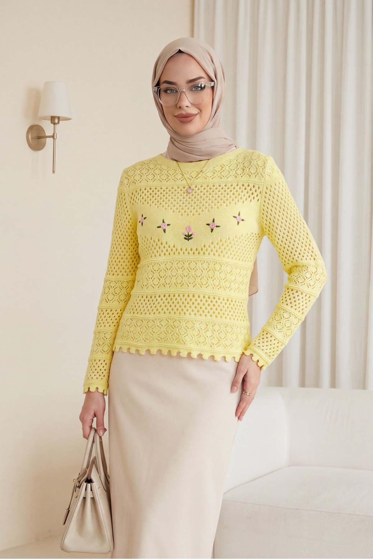 Knitted Sweater with Floral Embroidery and Openwork Pattern -Yellow