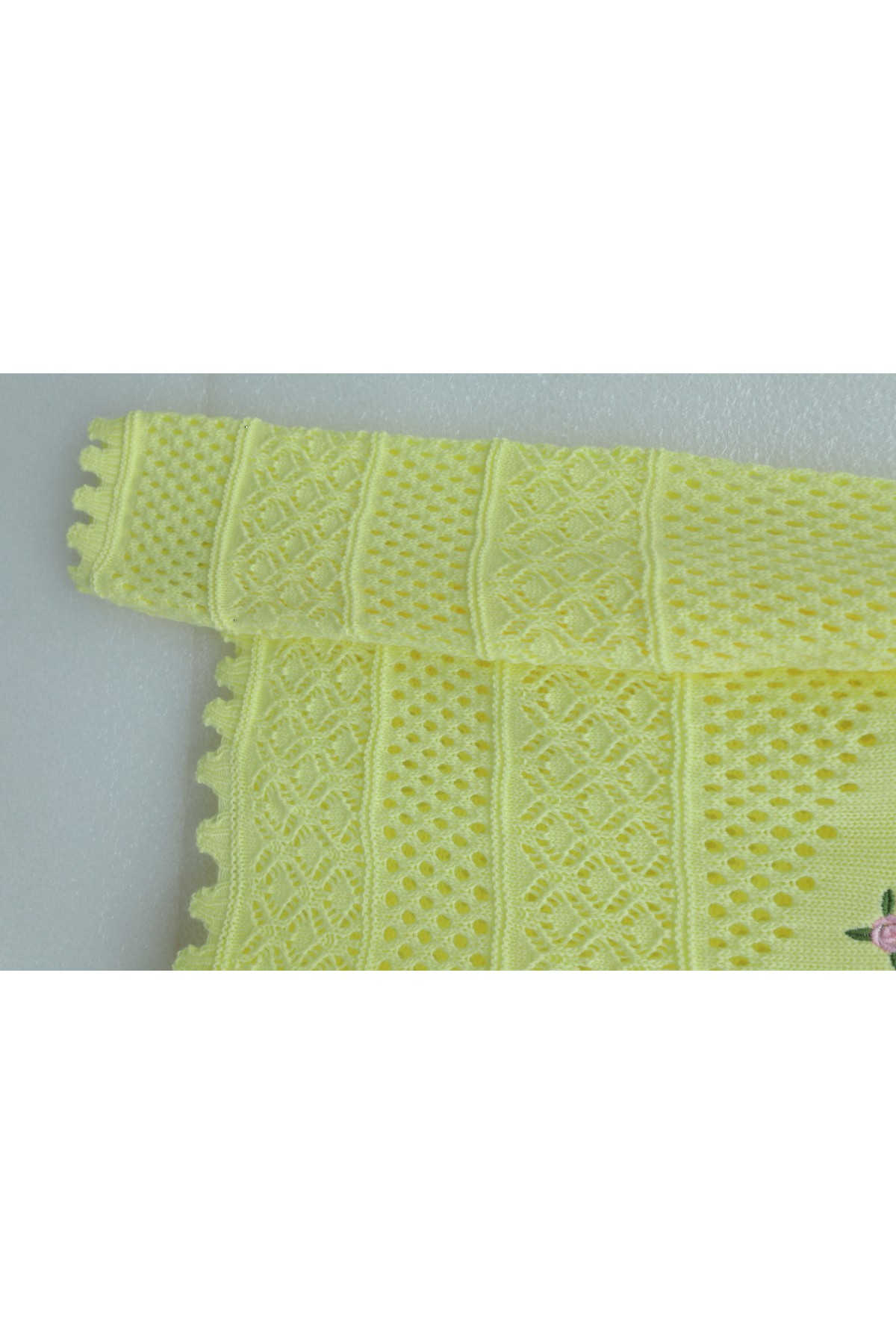 Knitted Sweater with Floral Embroidery and Openwork Pattern -Yellow