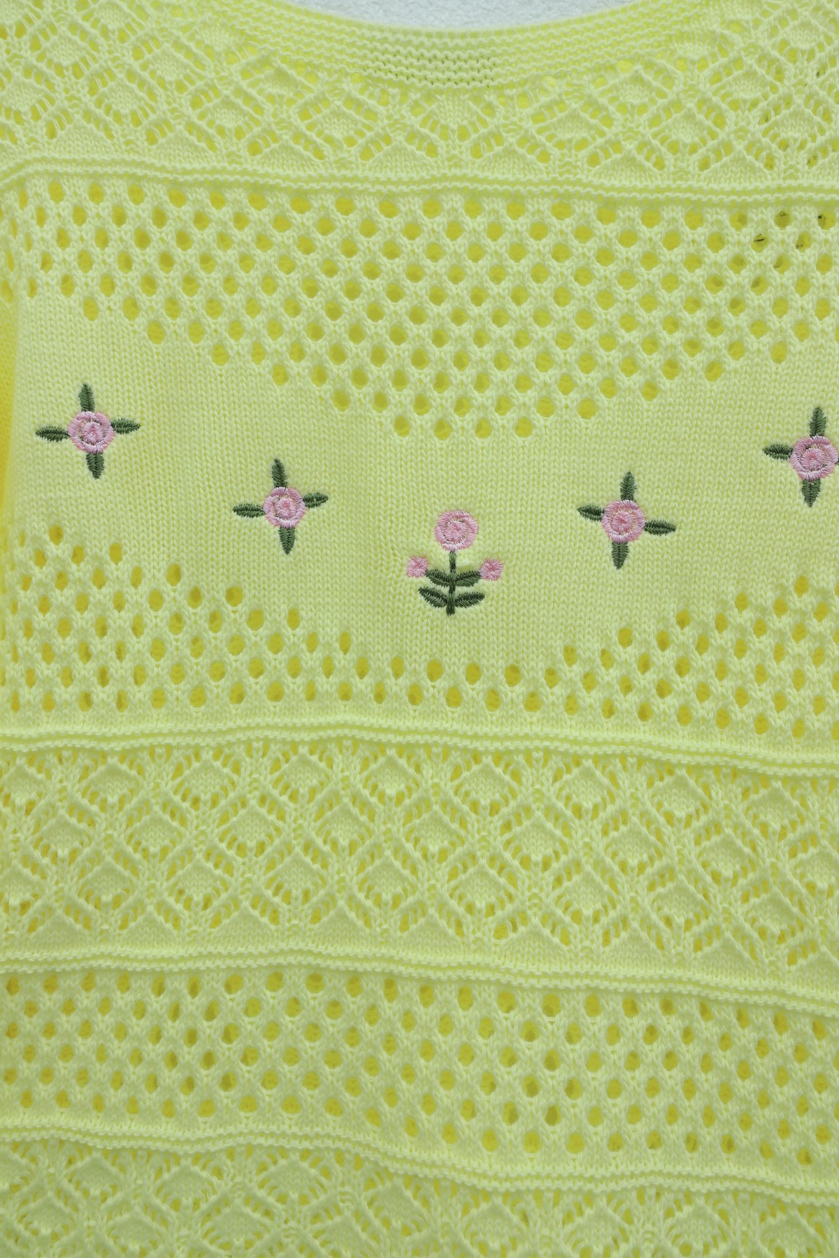 Knitted Sweater with Floral Embroidery and Openwork Pattern -Yellow