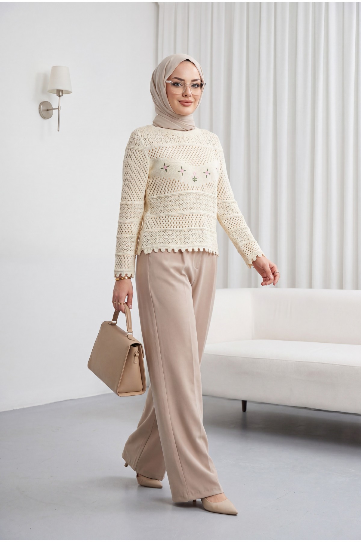 Knitted Sweater with Floral Embroidery and Openwork Pattern -Cream color