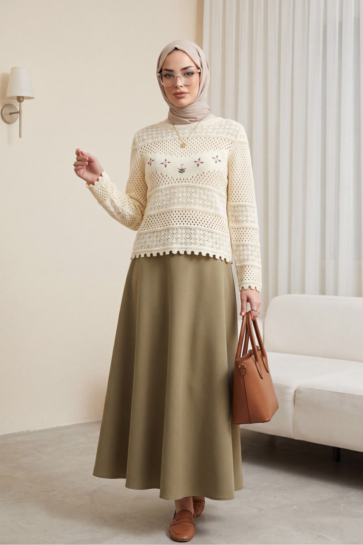 Knitted Sweater with Floral Embroidery and Openwork Pattern -Cream color