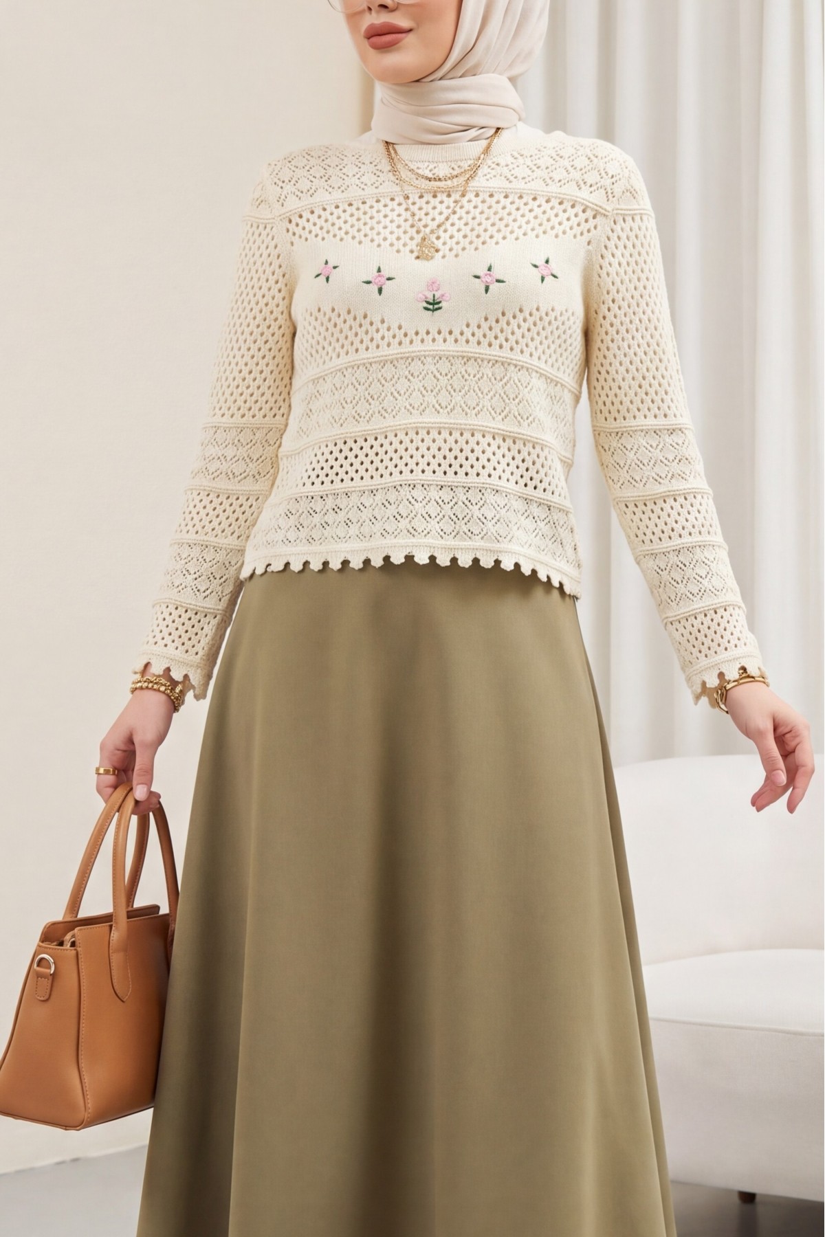 Knitted Sweater with Floral Embroidery and Openwork Pattern -Cream color