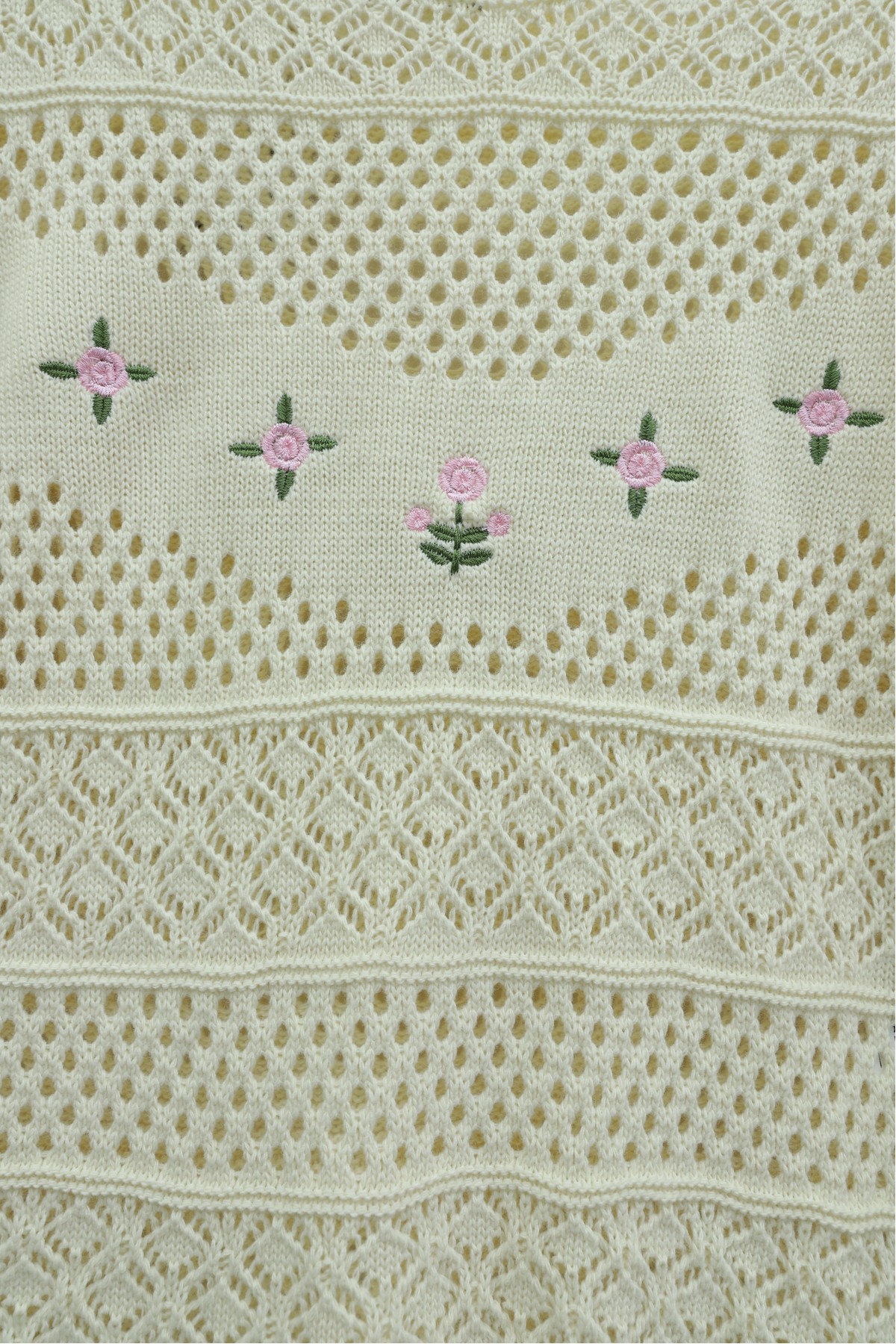 Knitted Sweater with Floral Embroidery and Openwork Pattern -Cream color