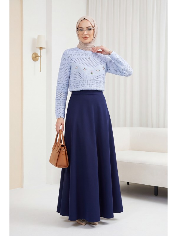 Knitted Sweater with Floral Embroidery and Openwork Pattern -Baby Blue