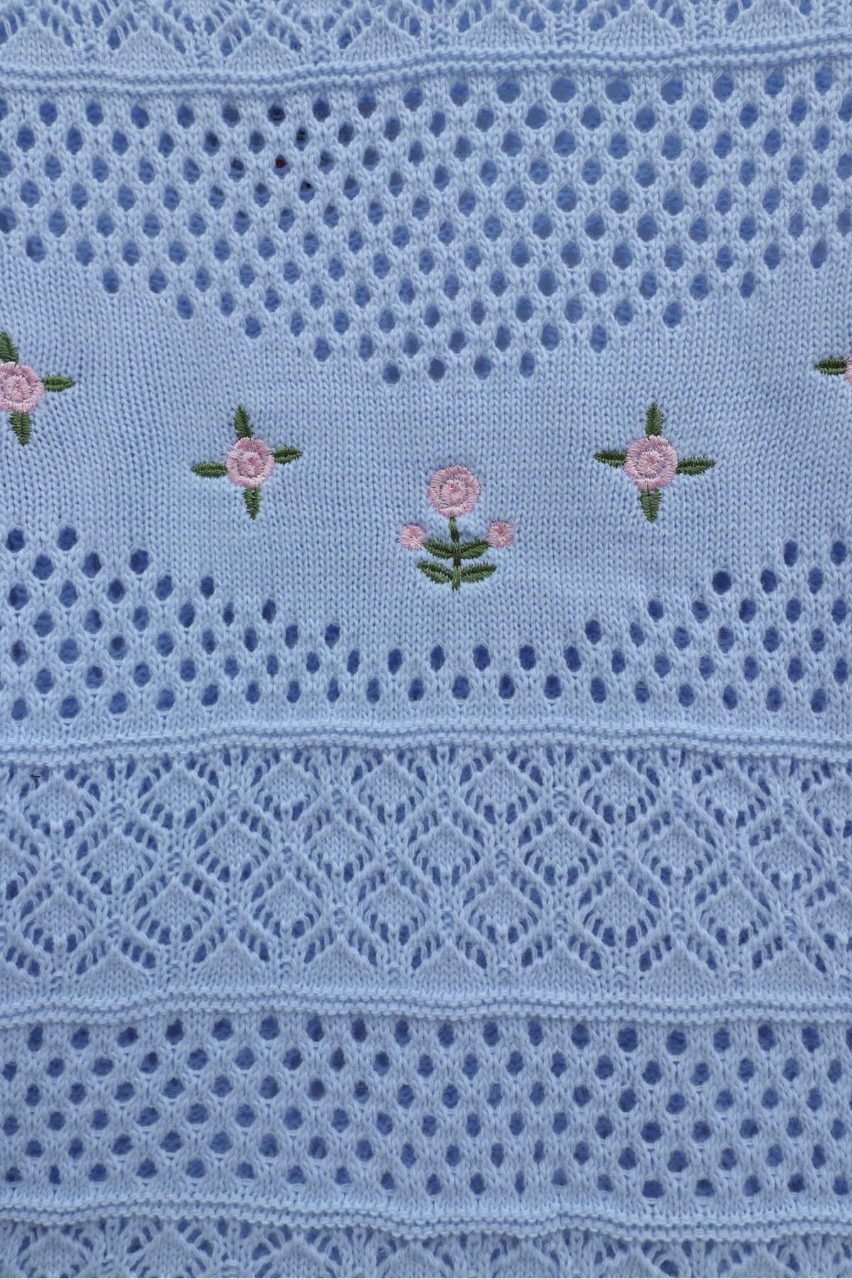 Knitted Sweater with Floral Embroidery and Openwork Pattern -Baby Blue