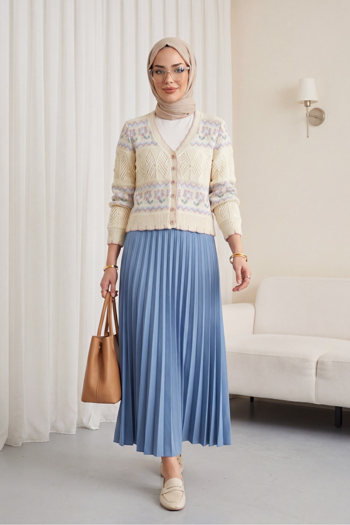Butterfly Patterned Colorful Buttoned Openwork Knit Cardigan -Cream color