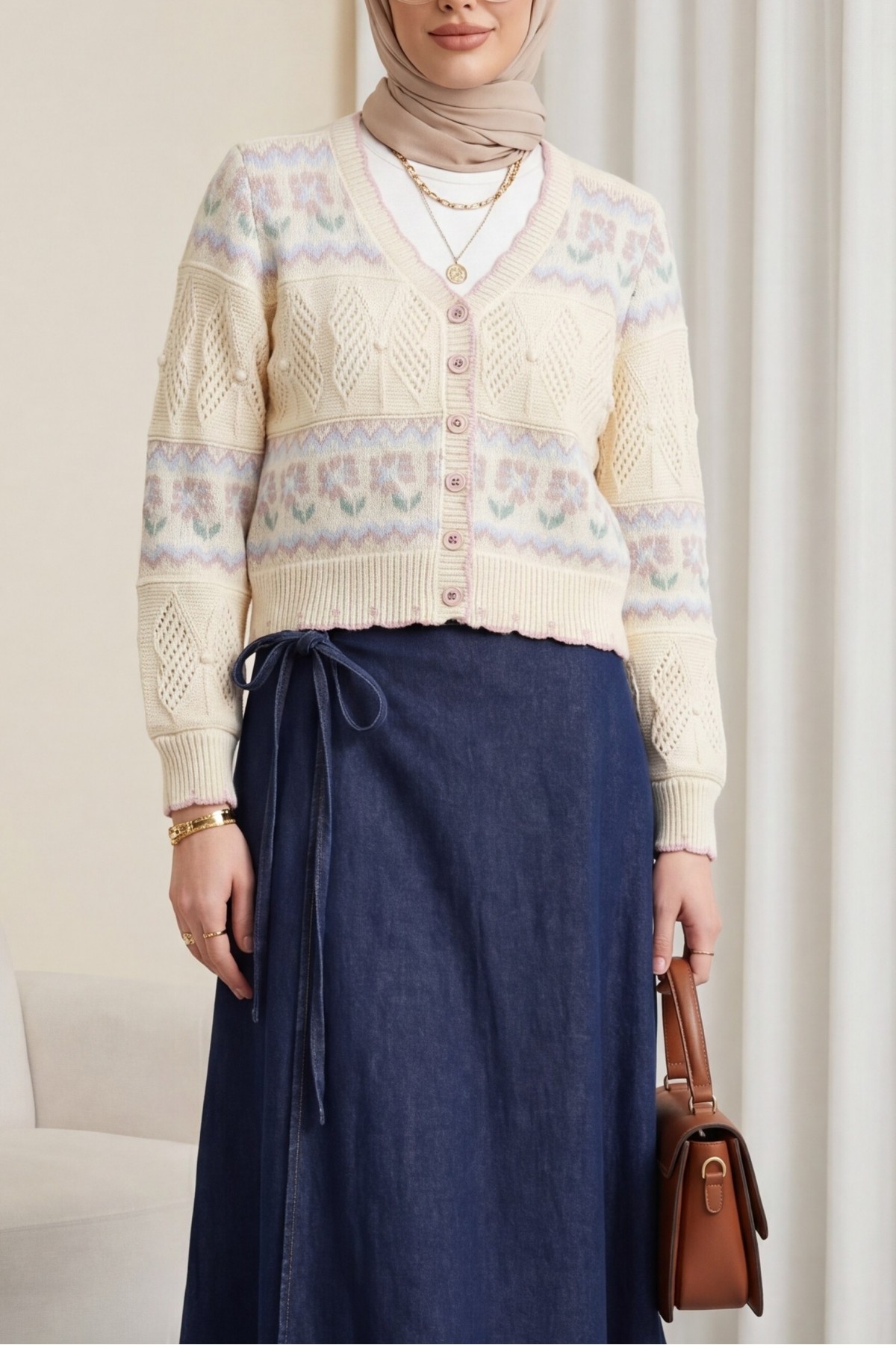 Butterfly Patterned Colorful Buttoned Openwork Knit Cardigan -Cream color