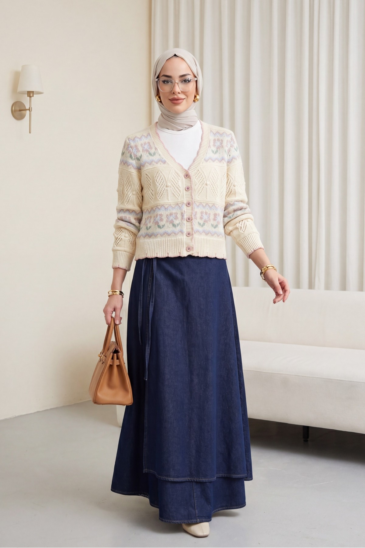 Butterfly Patterned Colorful Buttoned Openwork Knit Cardigan -Cream color