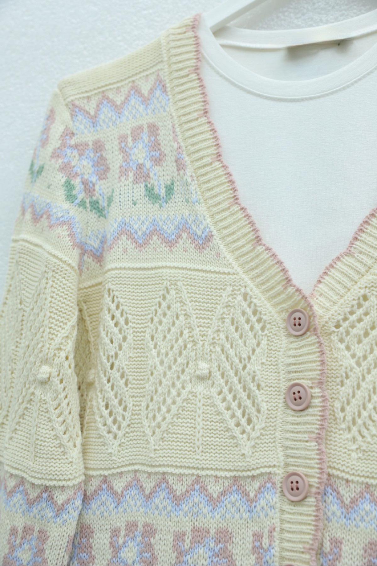 Butterfly Patterned Colorful Buttoned Openwork Knit Cardigan -Cream color