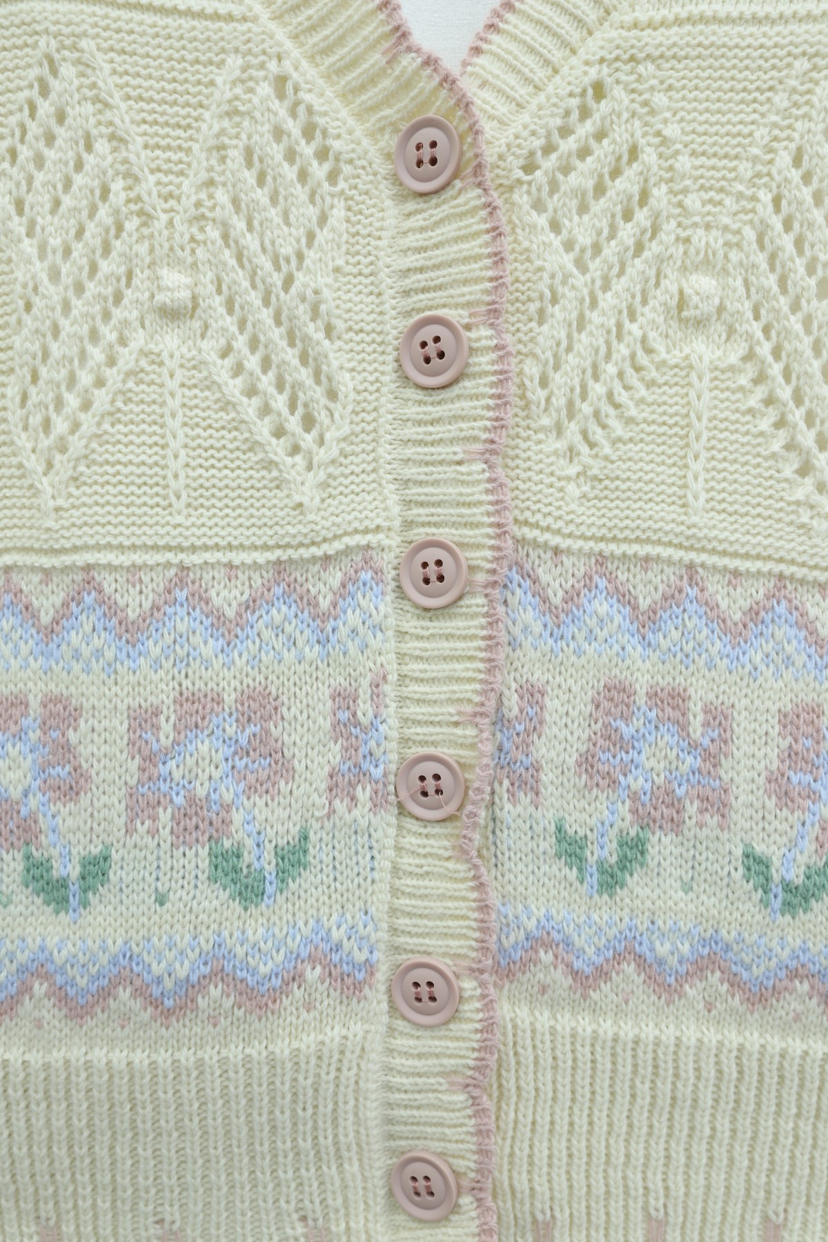 Butterfly Patterned Colorful Buttoned Openwork Knit Cardigan -Cream color