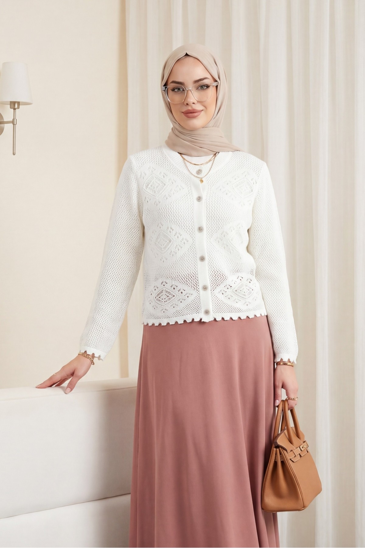 Geometric Patterned Openwork Buttoned Knit Cardigan -Ecru