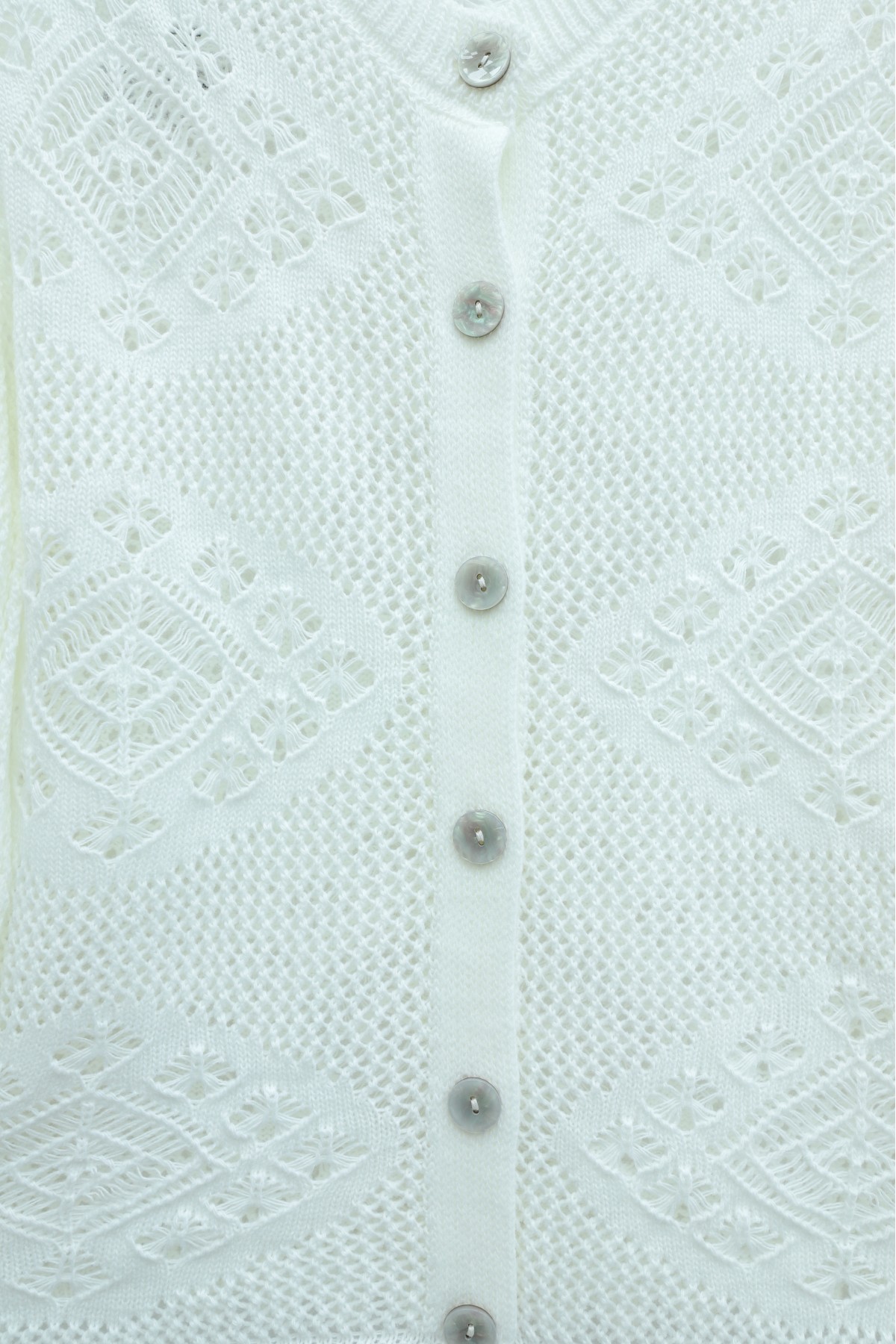 Geometric Patterned Openwork Buttoned Knit Cardigan -Ecru