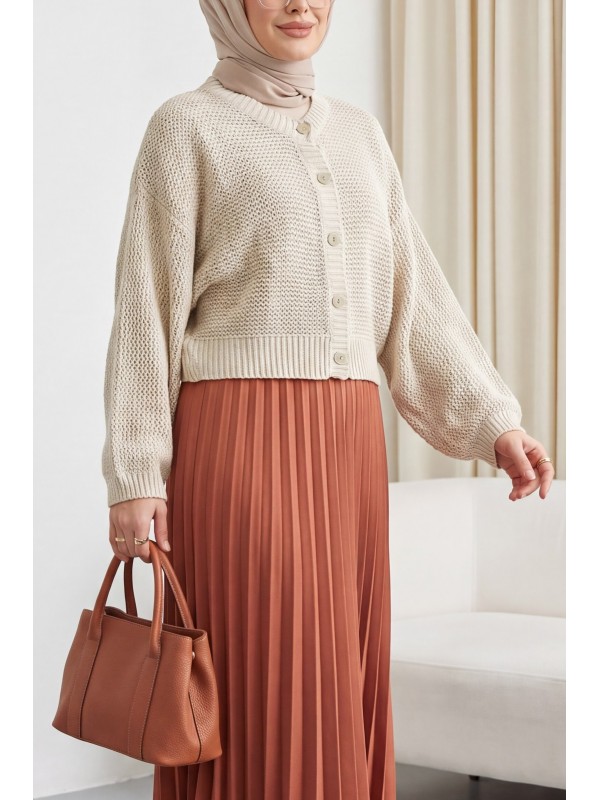 Openwork Buttoned Batwing Sleeve Knitted Cardigan -Stone