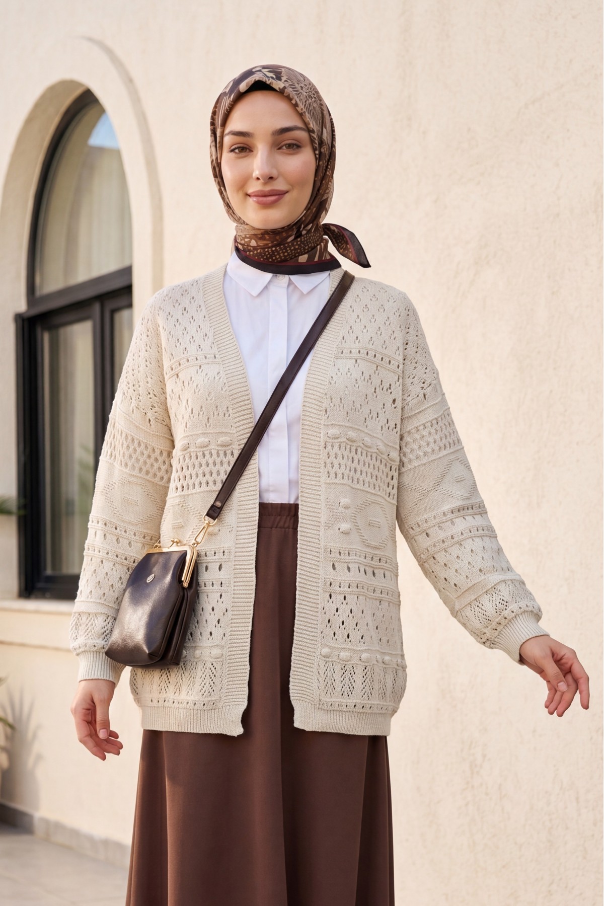 Openwork Knit Cardigan with Pom-Pom Detail -Stone