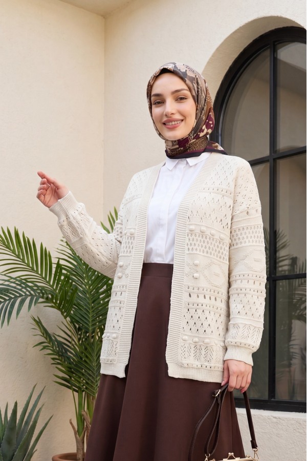 Openwork Knit Cardigan with Pom-Pom Detail -Stone