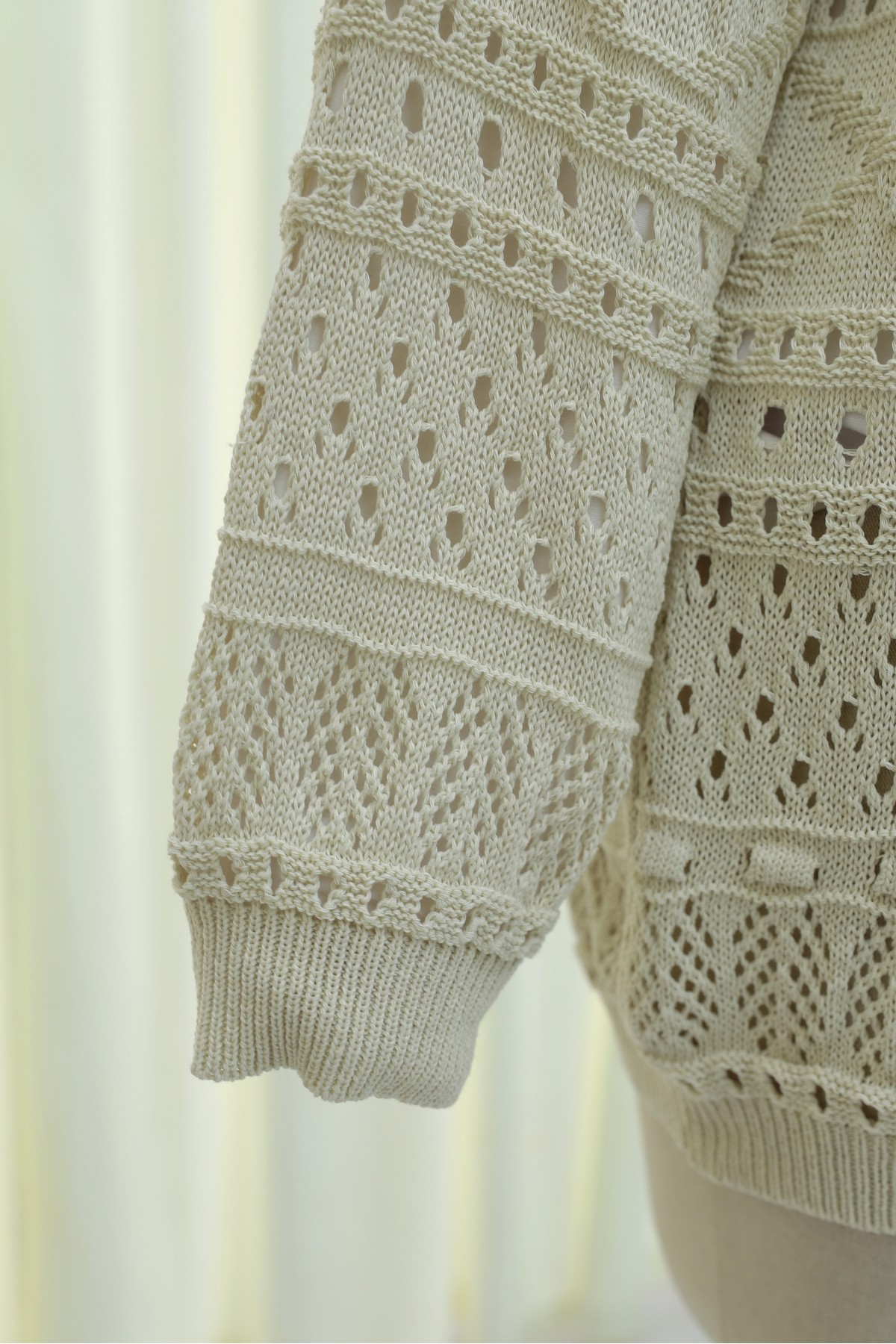 Openwork Knit Cardigan with Pom-Pom Detail -Stone