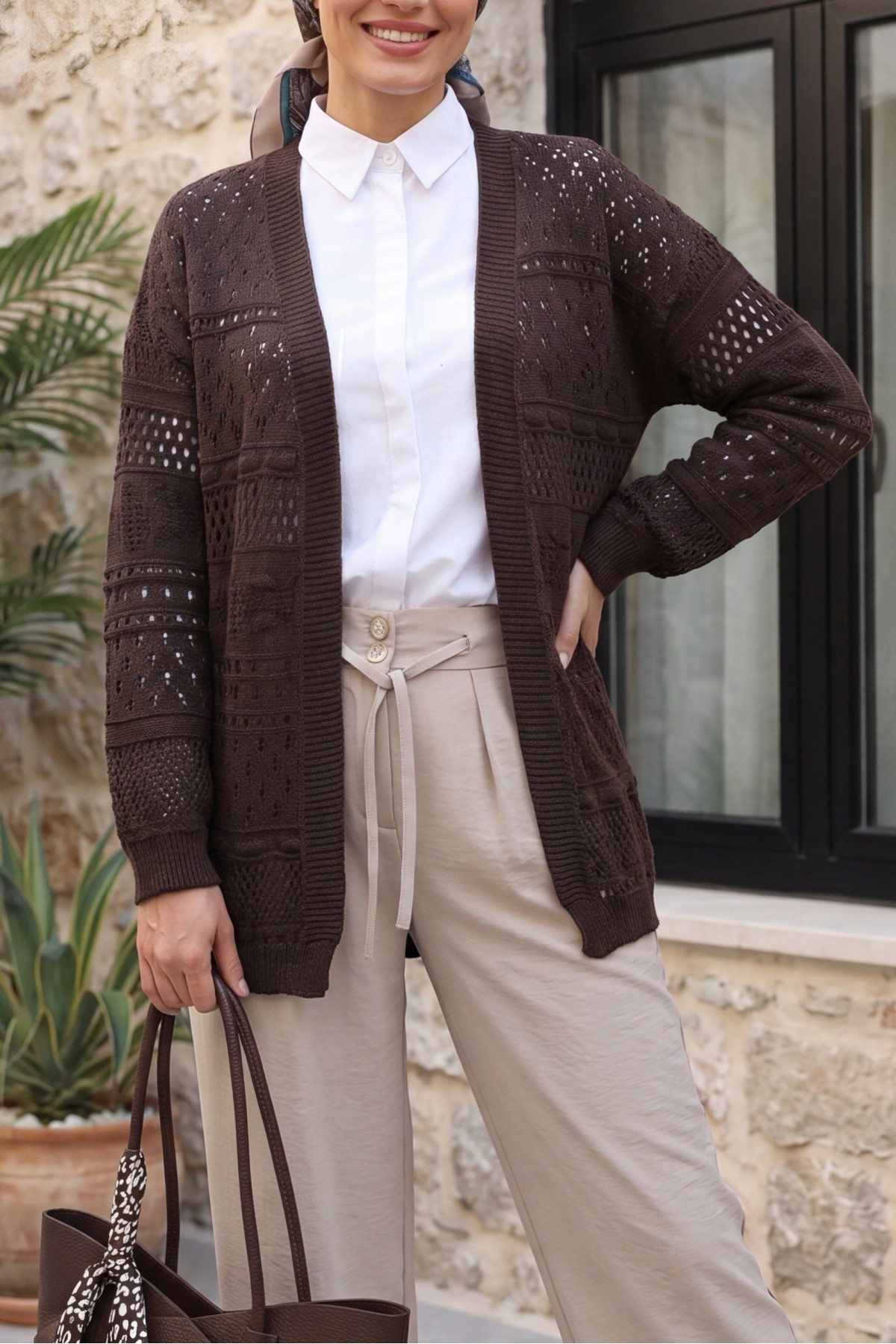 Openwork Knit Cardigan with Pom-Pom Detail -Dark Coffee