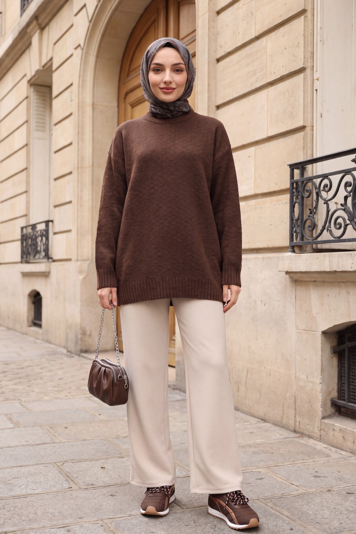 Round Neck Ribbed Loose Knit Tunic -Brown