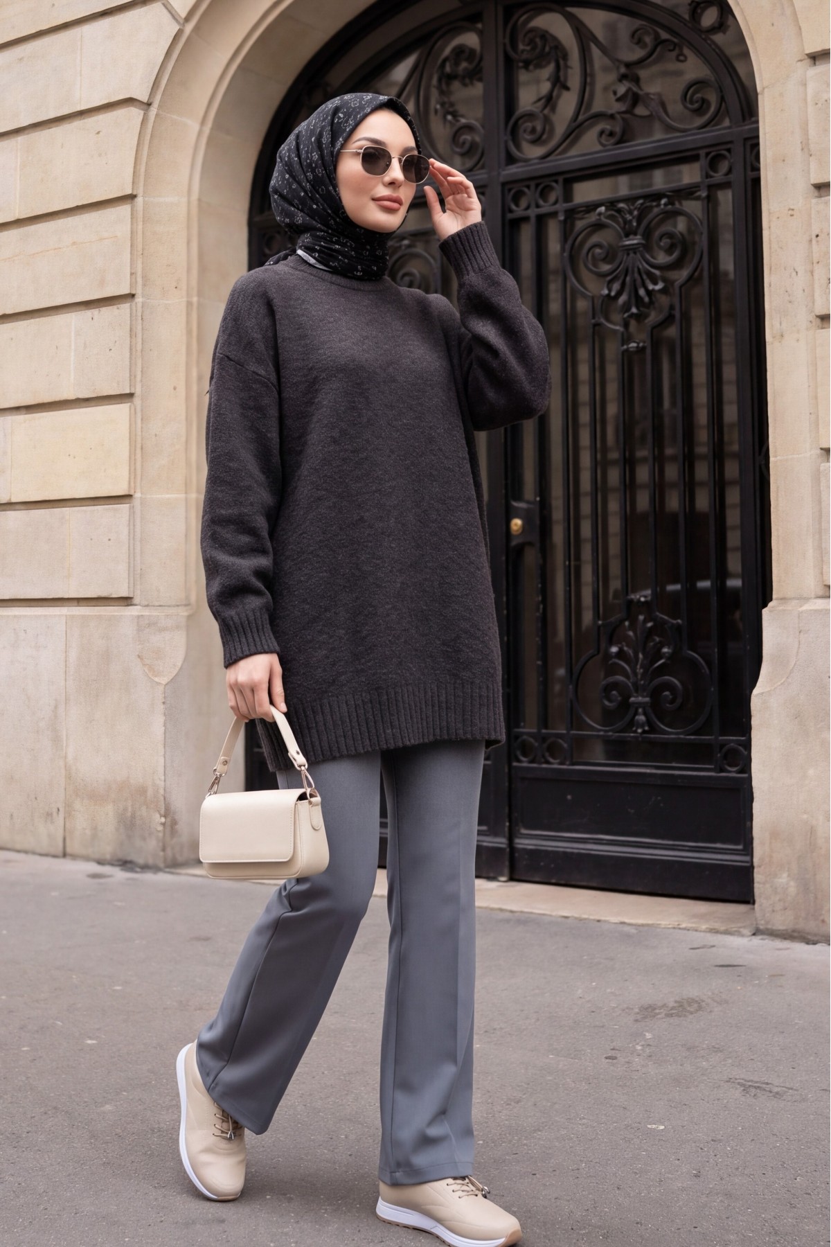 Round Neck Ribbed Loose Knit Tunic -Anthracite