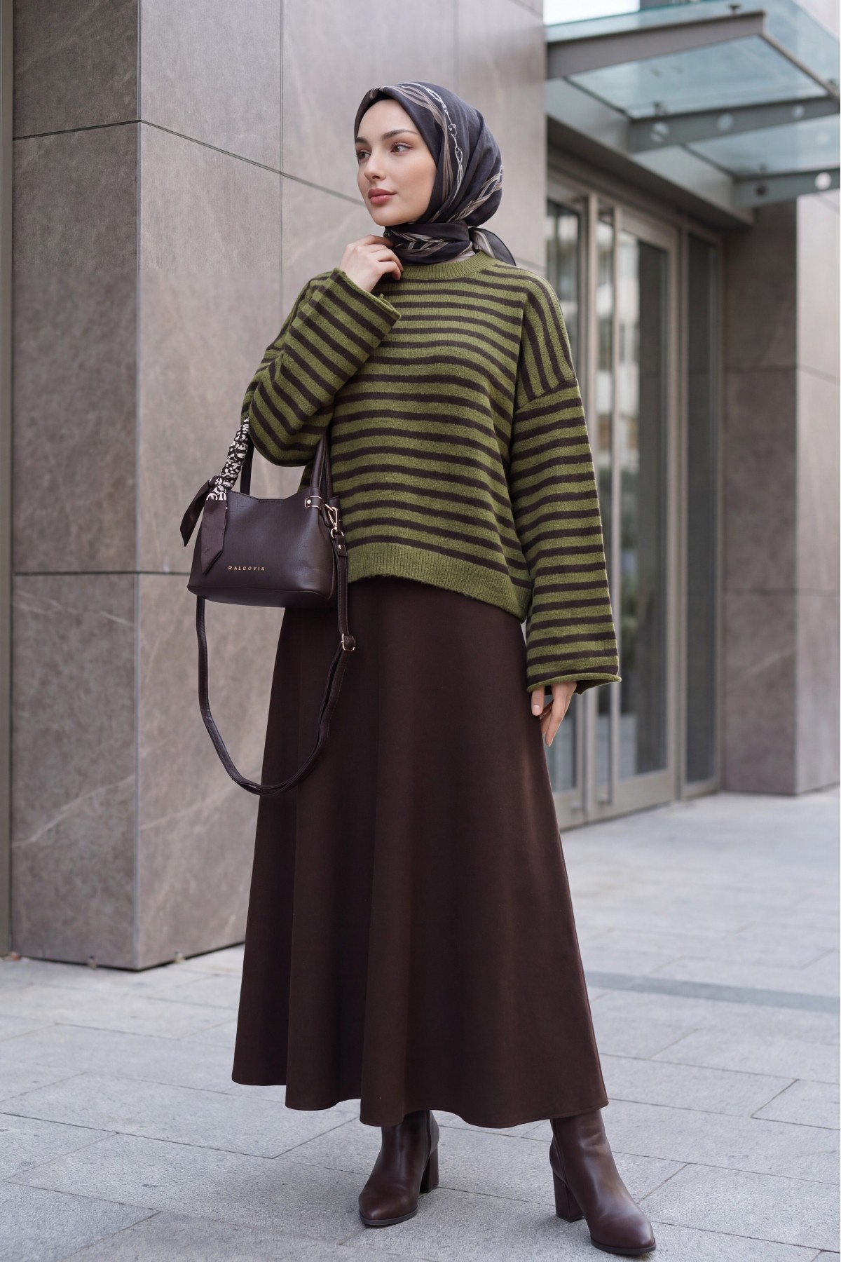 İnce Çizgili Oversize Triko Kazak -Haki