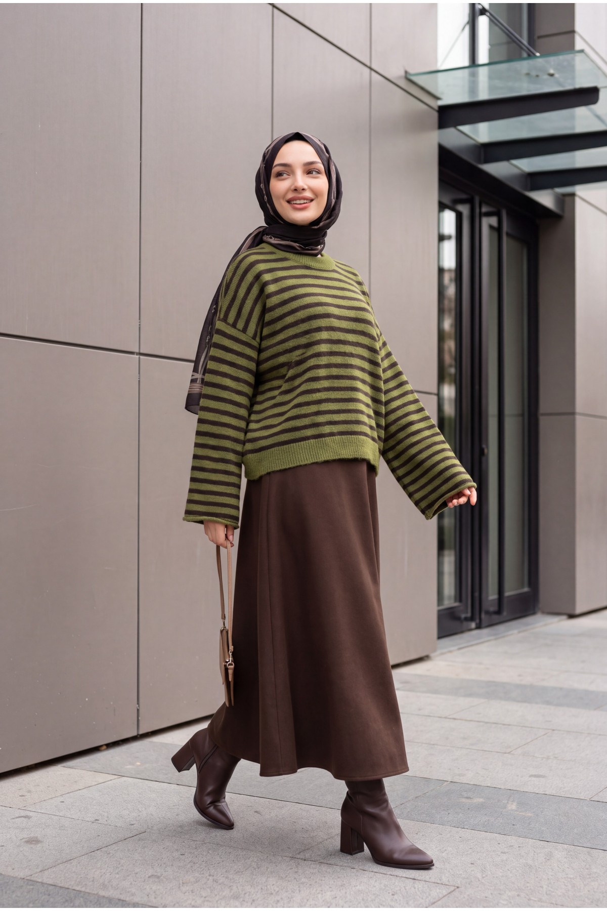 İnce Çizgili Oversize Triko Kazak -Haki