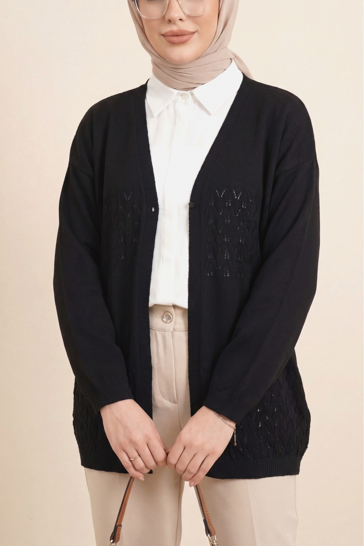 Araboy Openwork Knit Cardigan  -Black