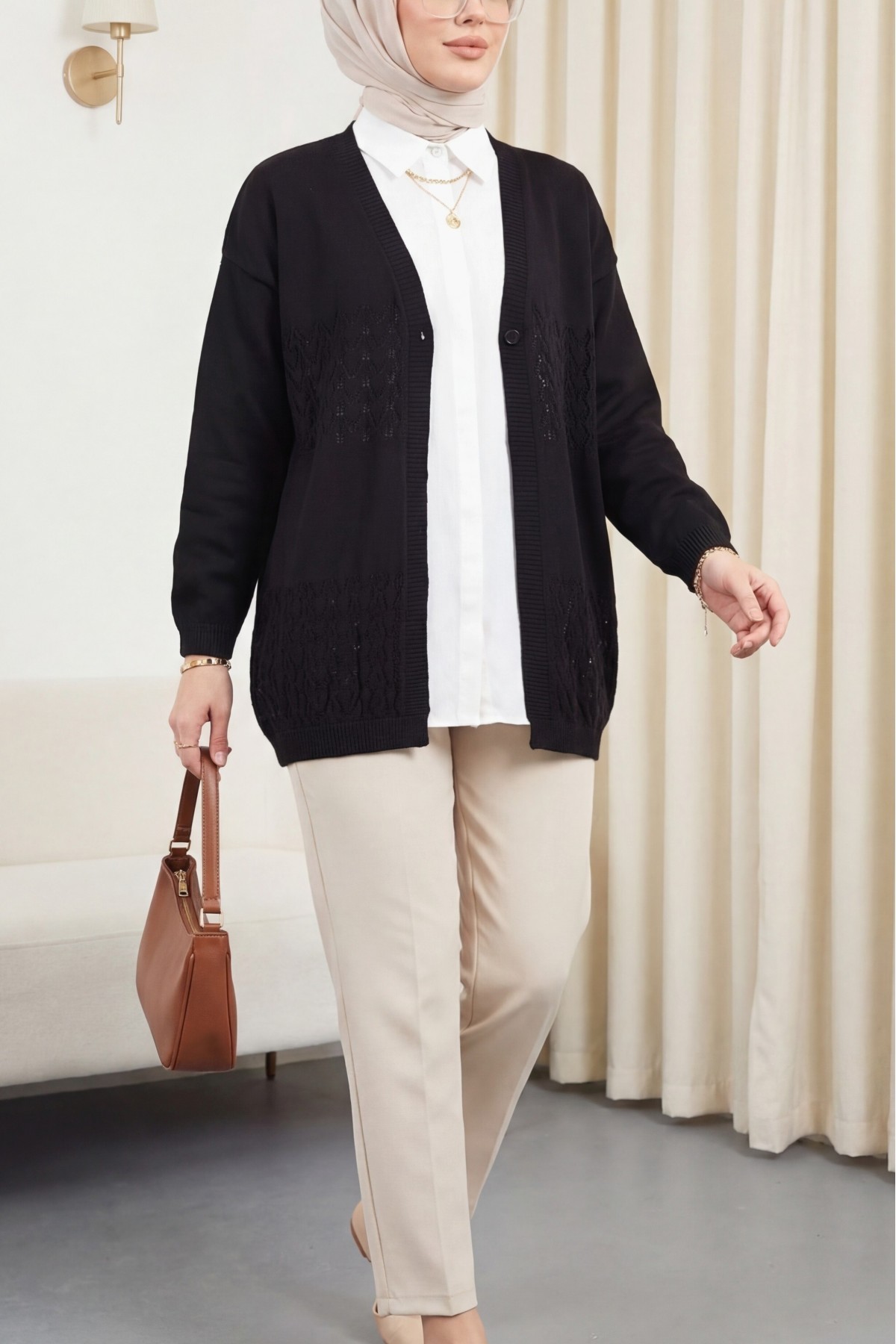 Araboy Openwork Knit Cardigan  -Black