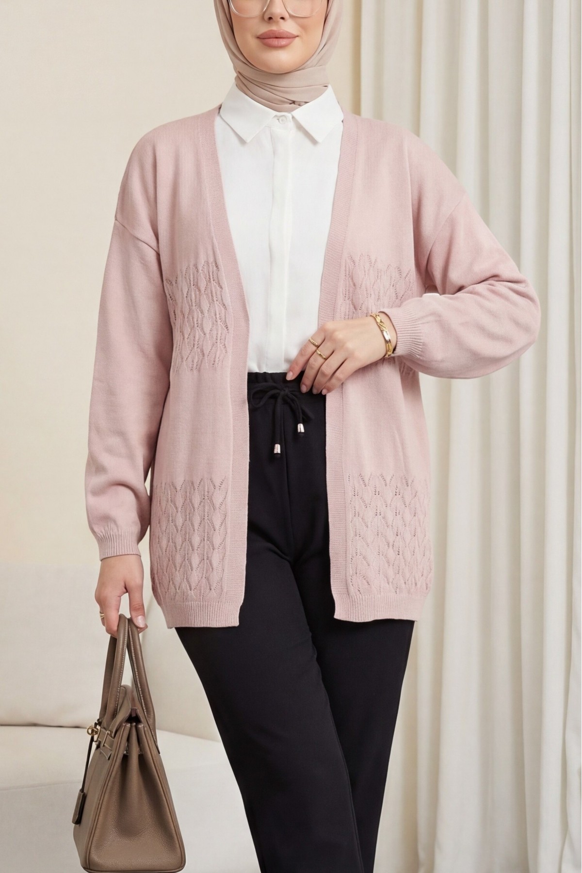 Araboy Openwork Knit Cardigan -Powder