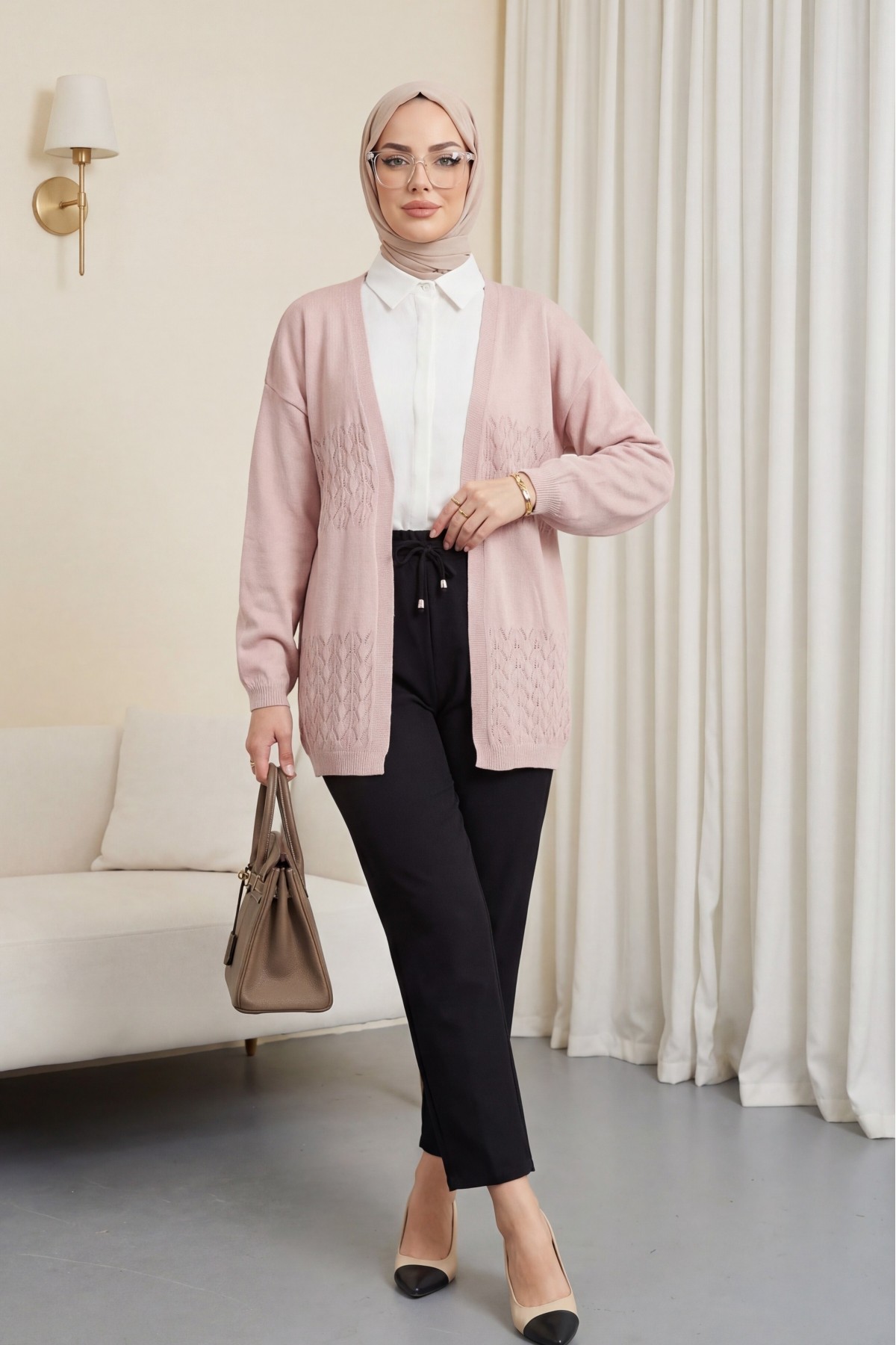 Araboy Openwork Knit Cardigan -Powder