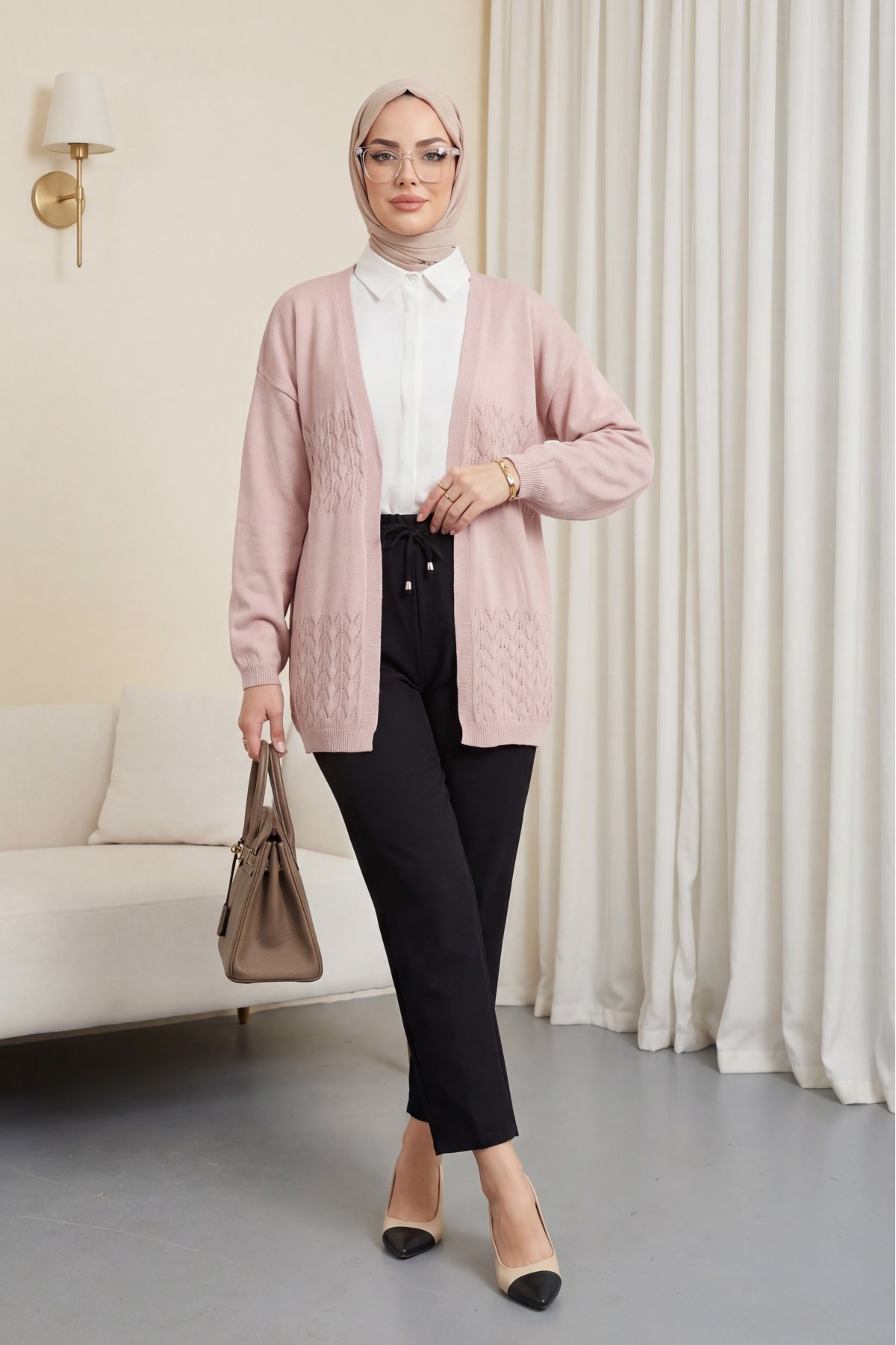 Araboy Openwork Knit Cardigan -Powder