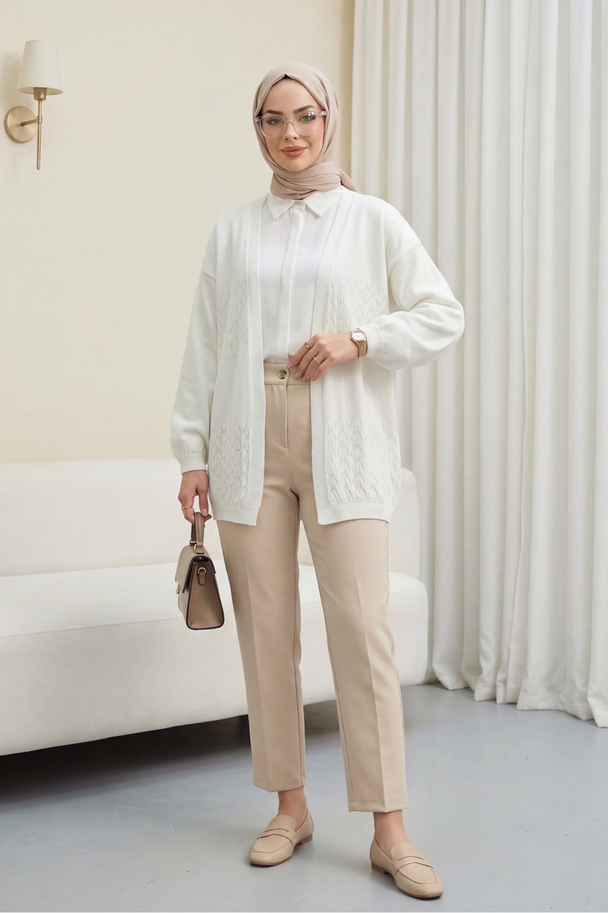 Araboy Openwork Knit Cardigan -Ecru