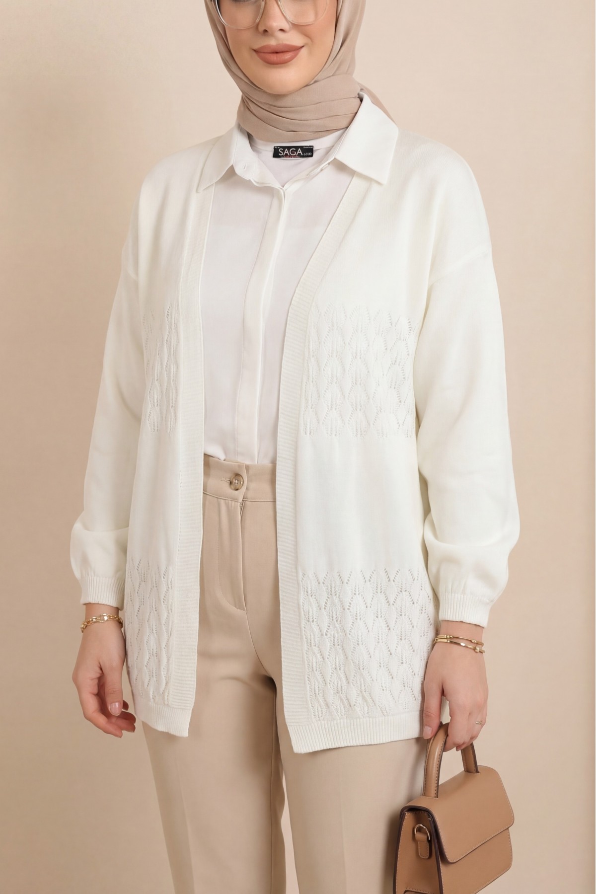 Araboy Openwork Knit Cardigan -Ecru