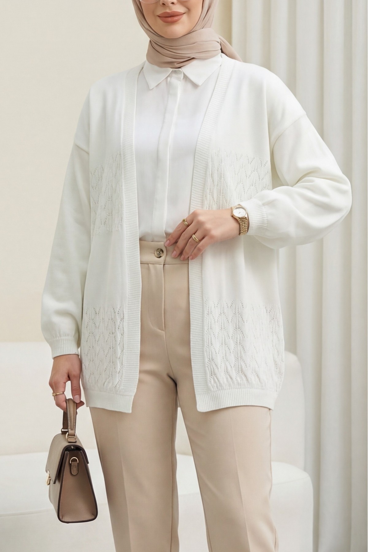 Araboy Openwork Knit Cardigan -Ecru