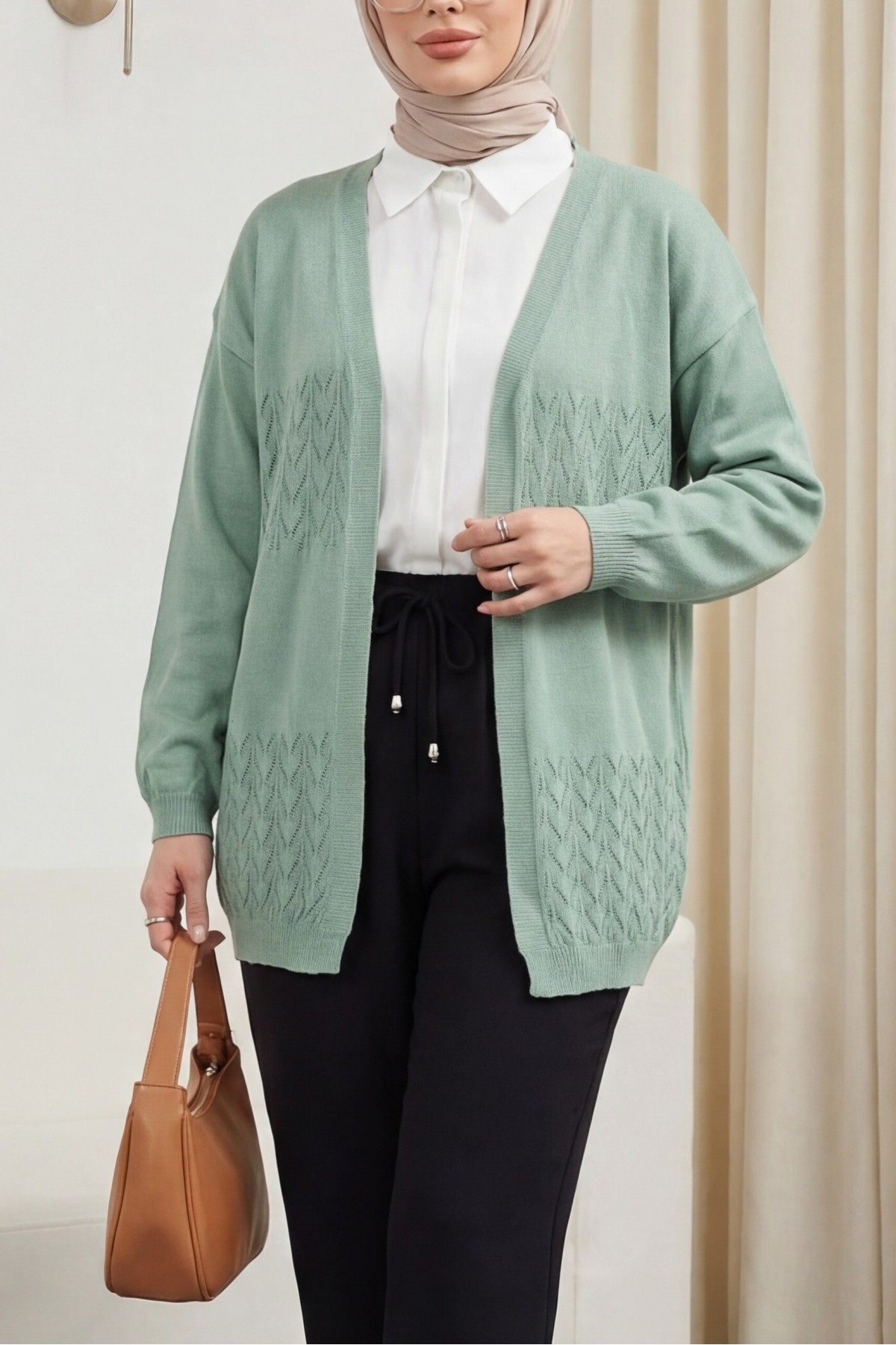 Araboy Openwork Knit Cardigan -Mint Color