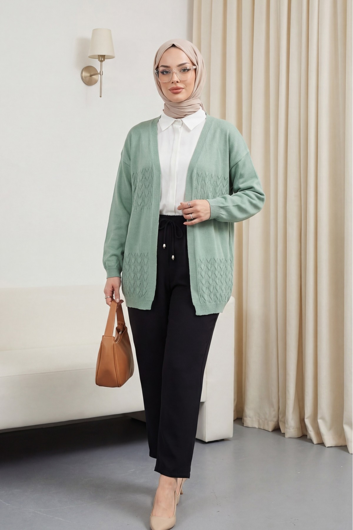 Araboy Openwork Knit Cardigan -Mint Color