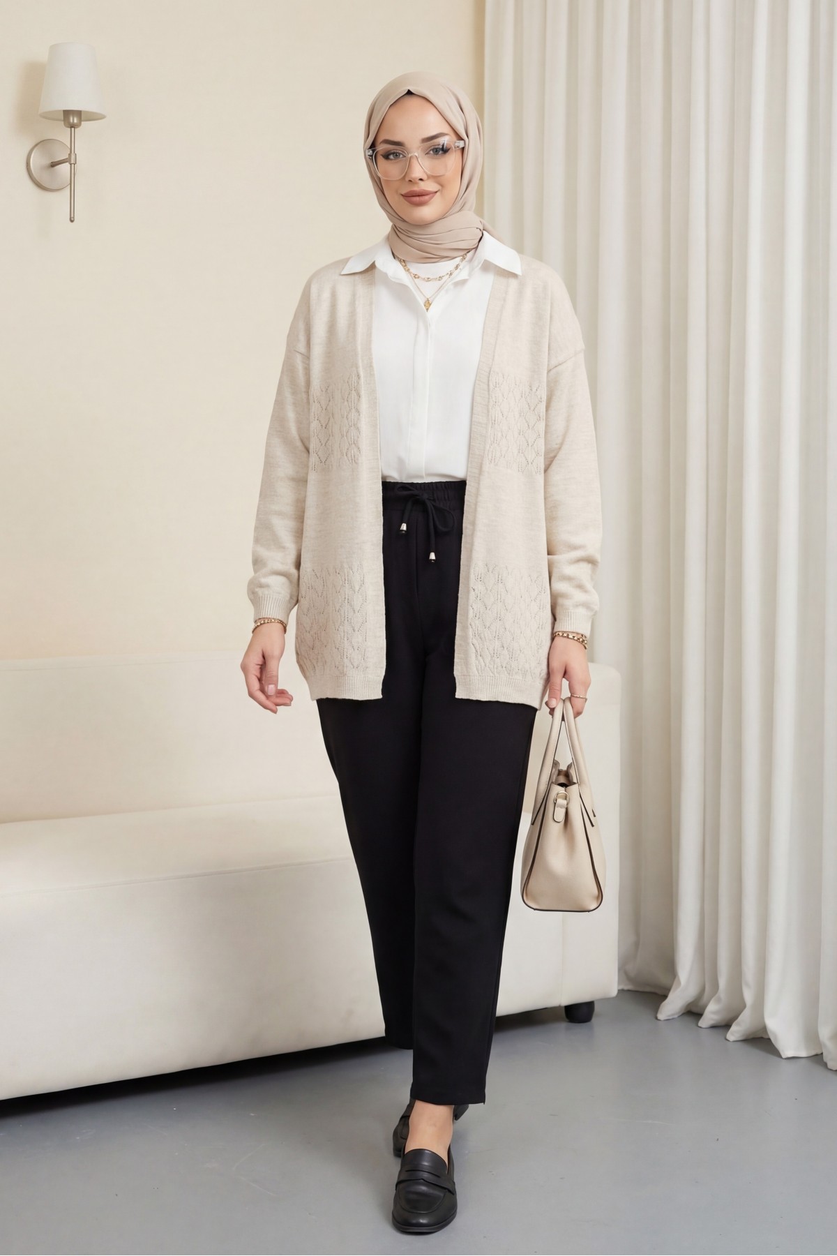 Araboy Openwork Knit Cardigan -Stone