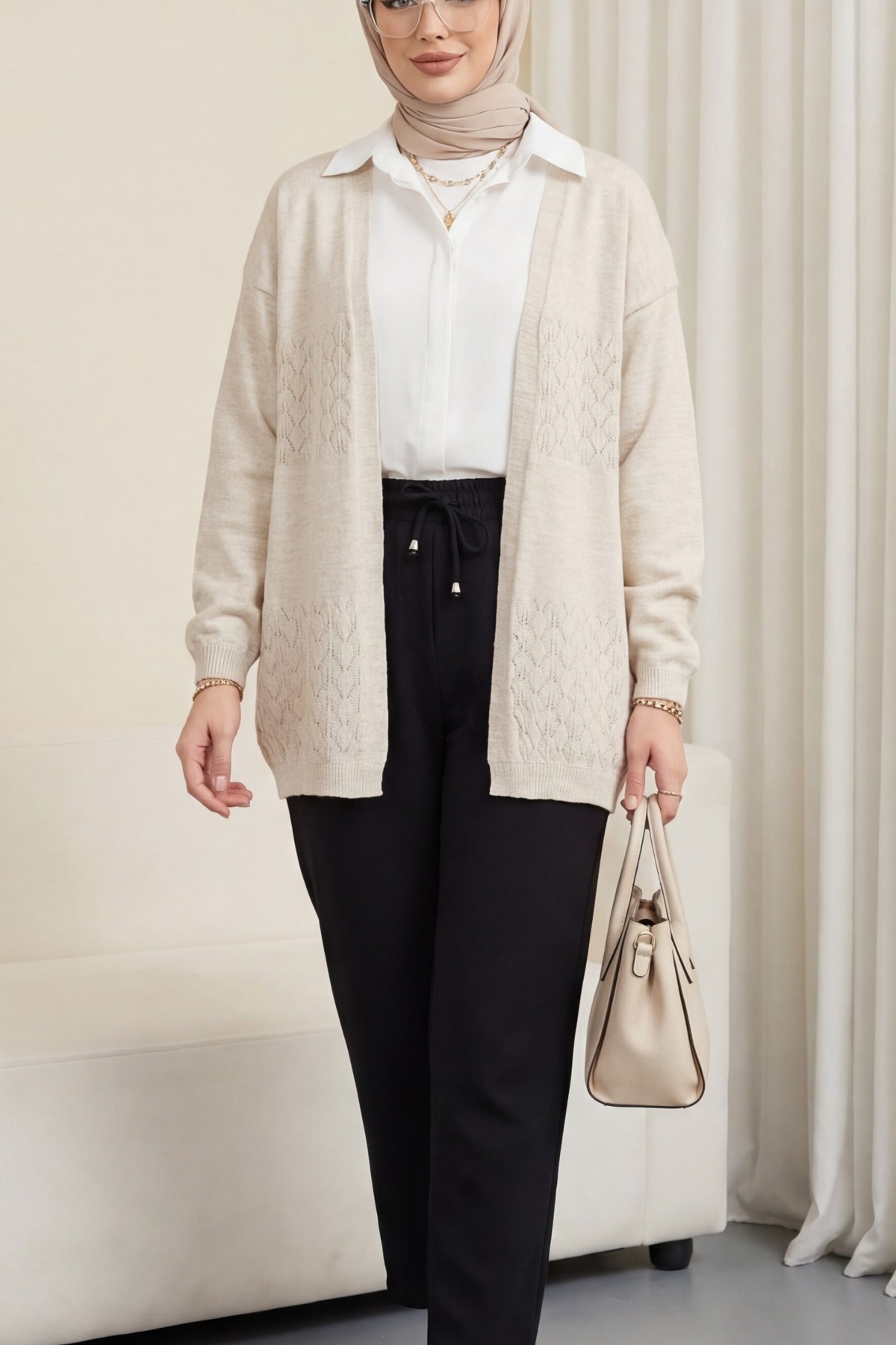 Araboy Openwork Knit Cardigan -Stone