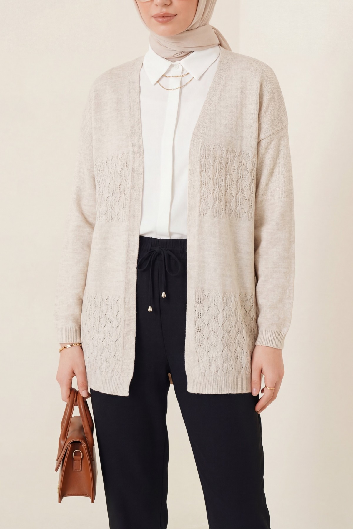 Araboy Openwork Knit Cardigan -Stone