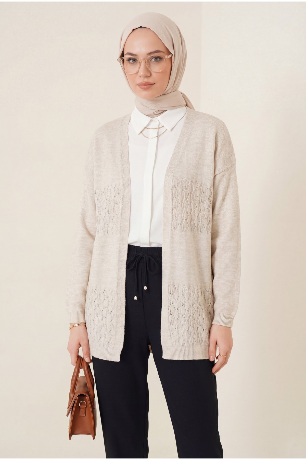 Araboy Openwork Knit Cardigan -Stone