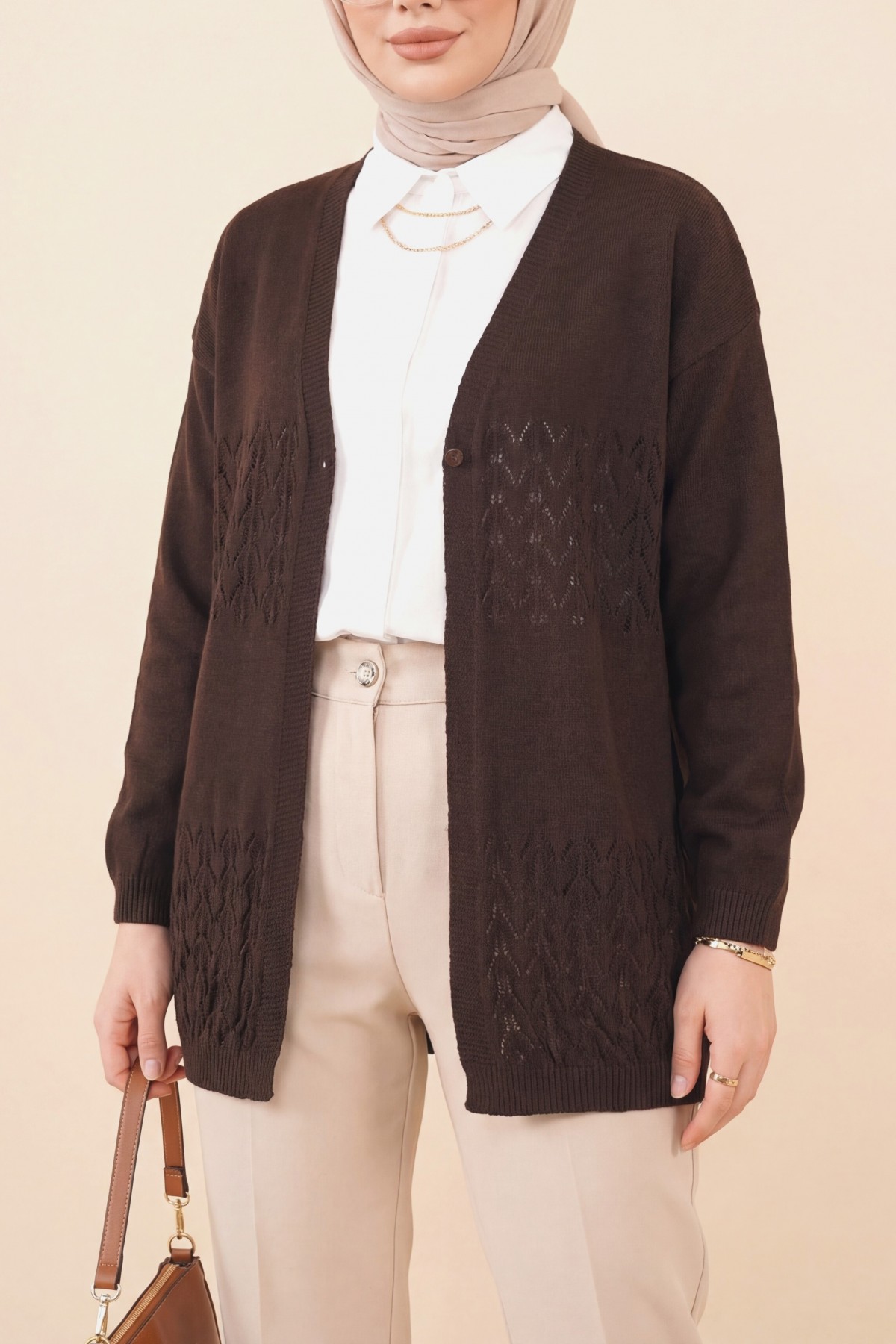 Araboy Openwork Knit Cardigan -Dark Coffee