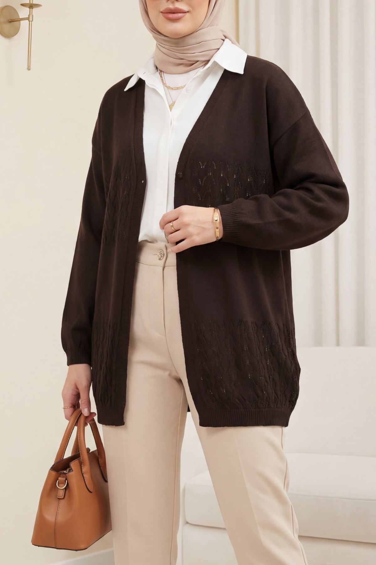 Araboy Openwork Knit Cardigan -Dark Coffee