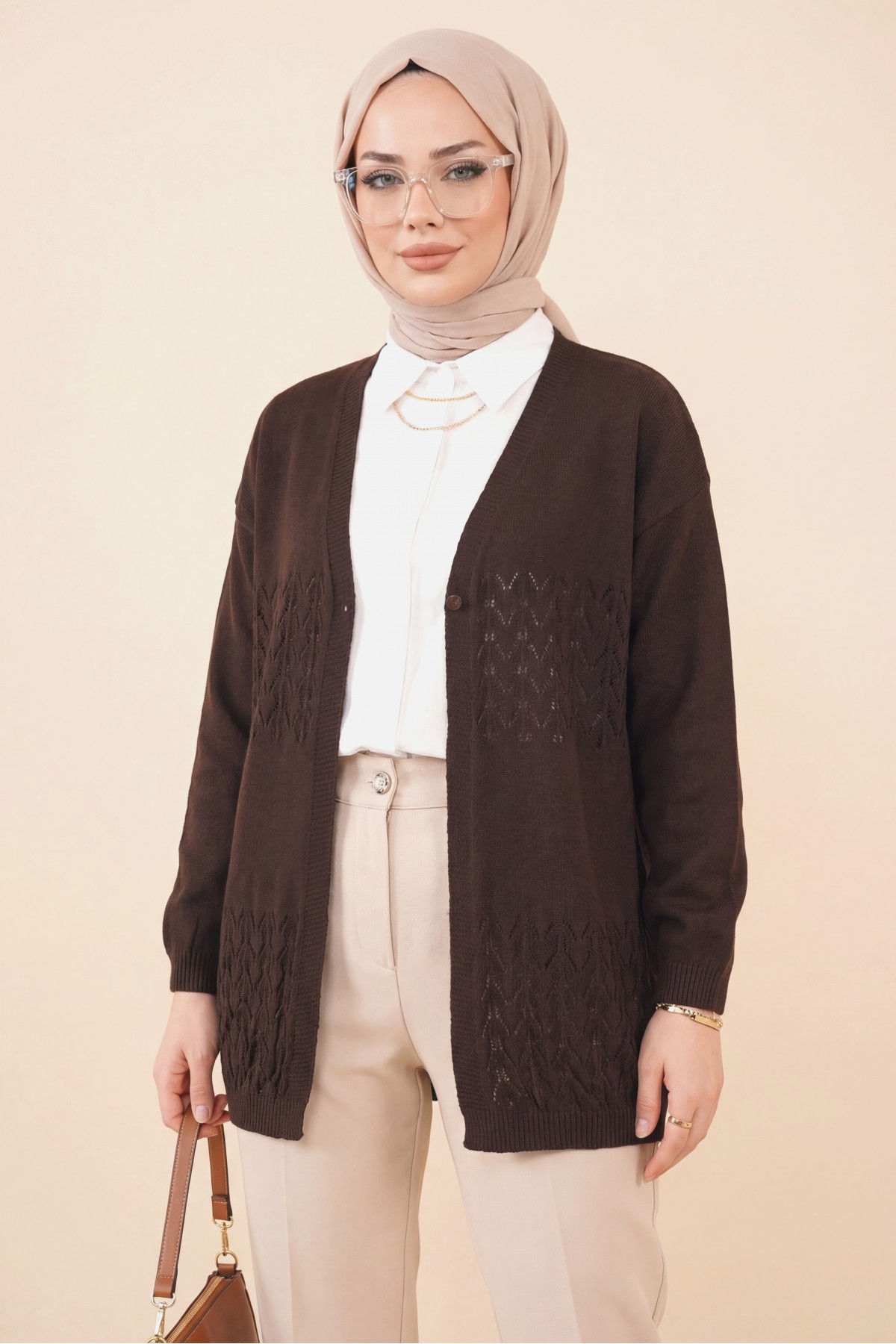 Araboy Openwork Knit Cardigan -Dark Coffee