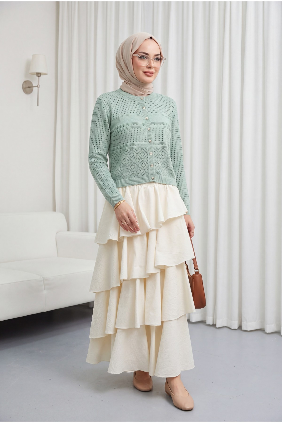 Round Neck Openwork Buttoned Knit Cardigan -Mint Color