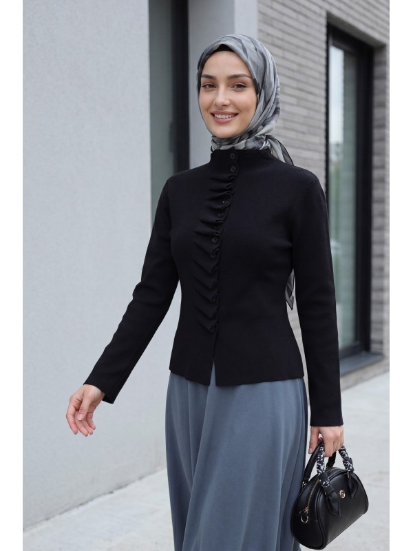 كارديجان محبوك بأزرار وياقة عالية مع كشكشة أمامية -أسود