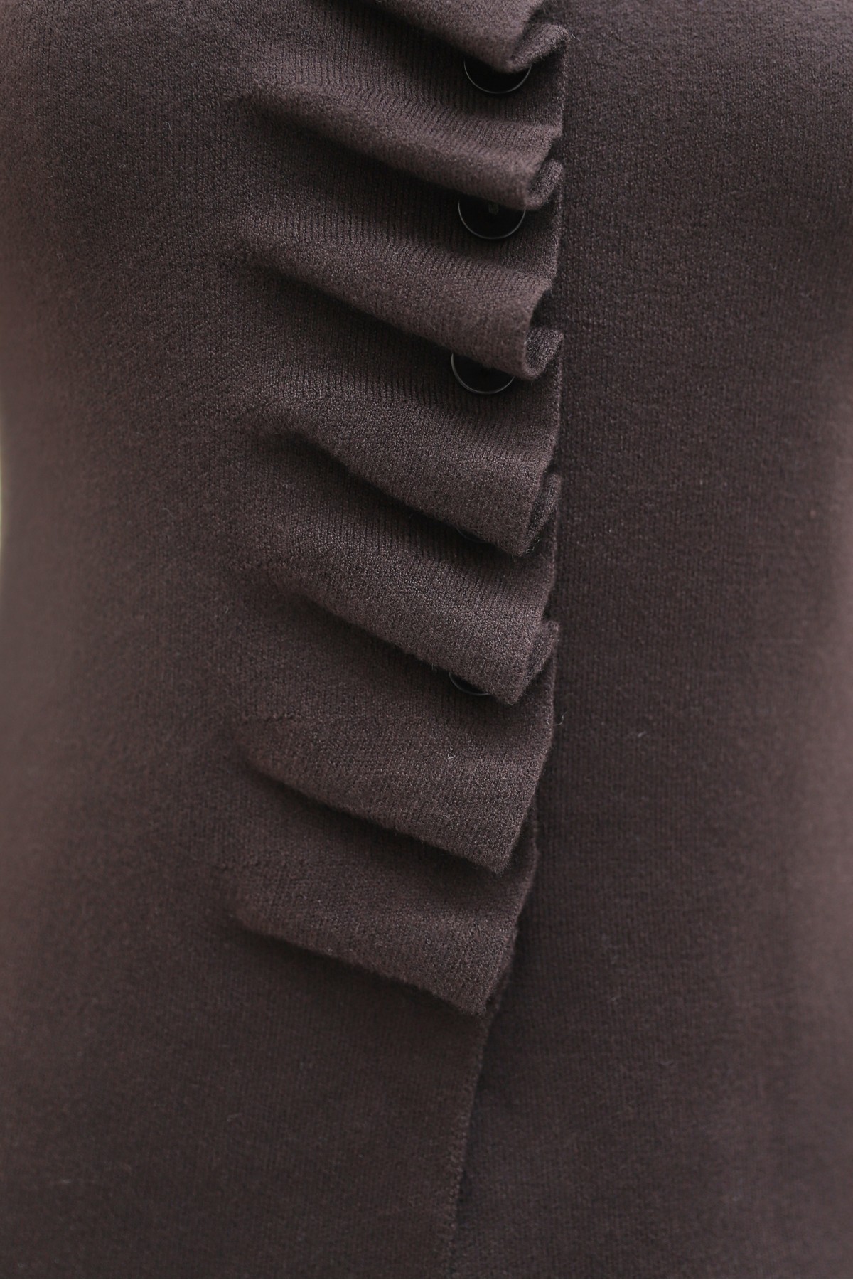 Buttoned, High-Neck Knit Cardigan with Ruffled Front -Dark Coffee