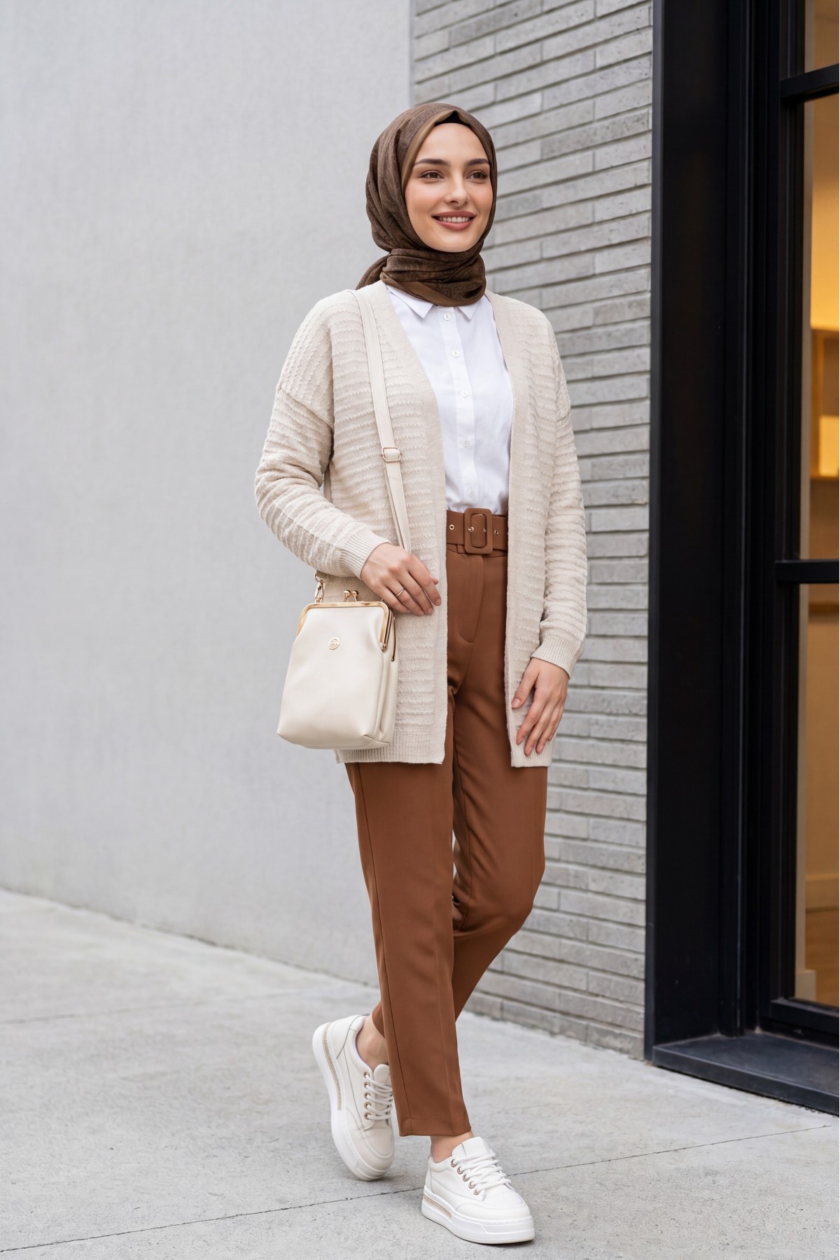 Thin Knit Cardigan with Pom-Pom Detail -Stone