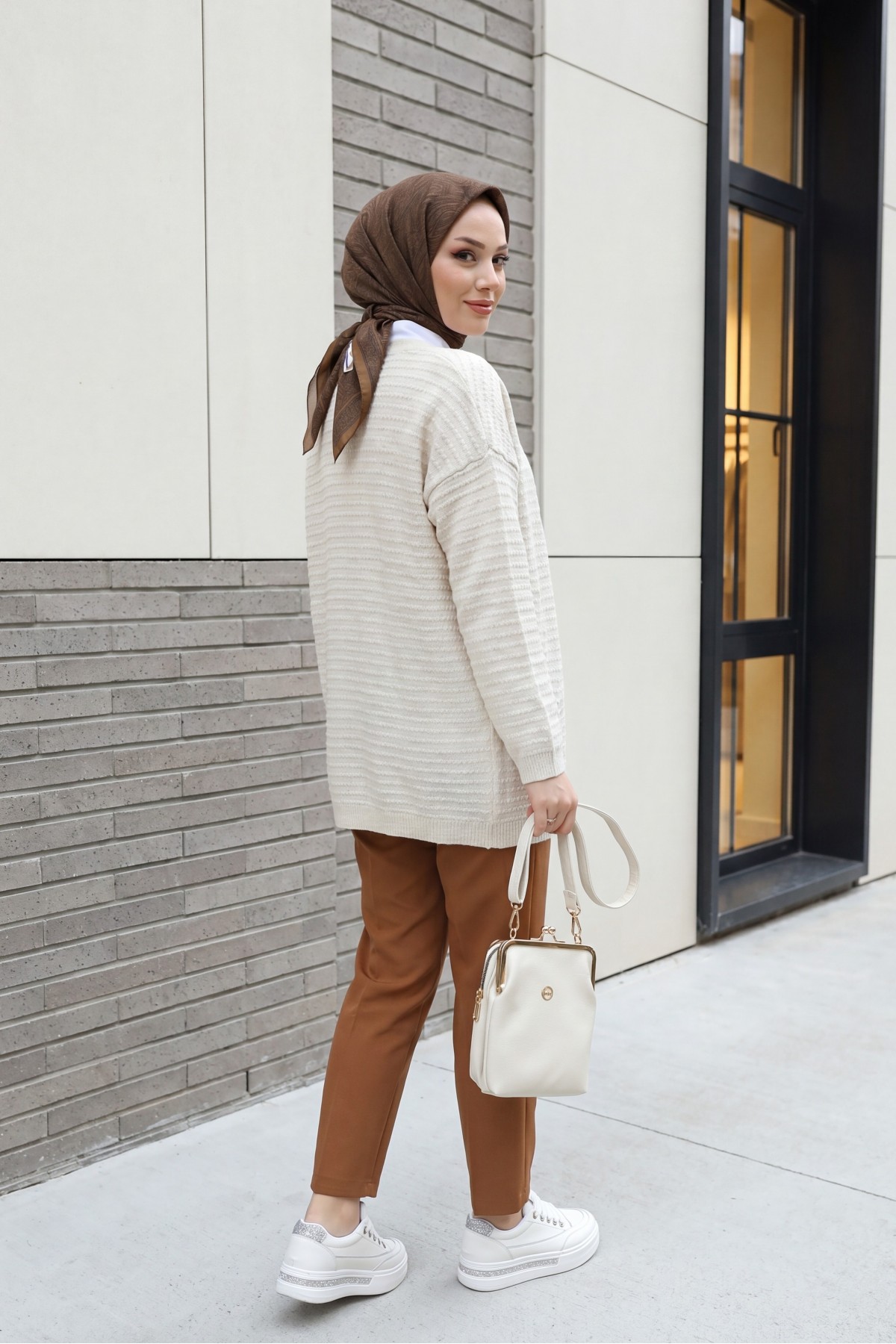 Thin Knit Cardigan with Pom-Pom Detail -Stone