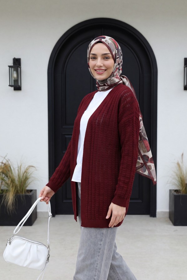 Openwork Thin Knit Cardigan -Maroon