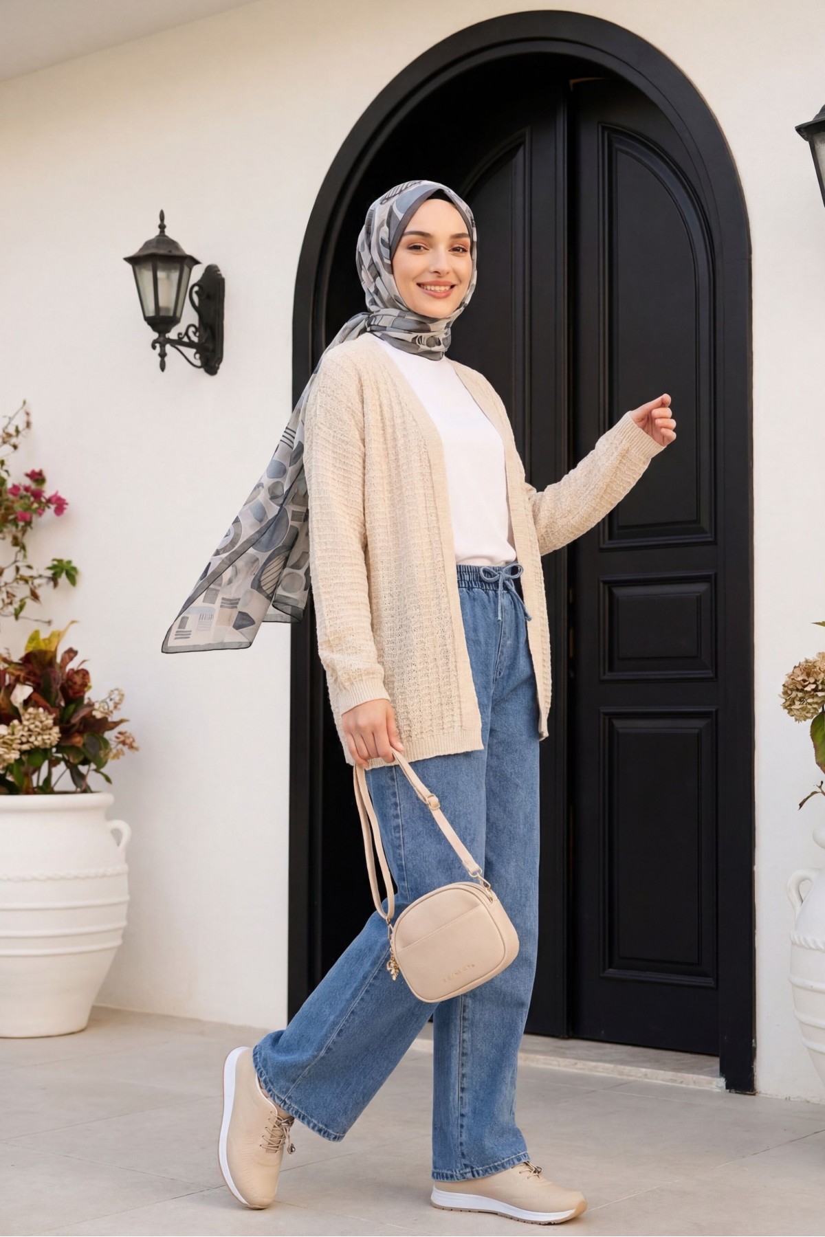 كارديجان رقيق محبوك بنقوش مفتوحة -حجر