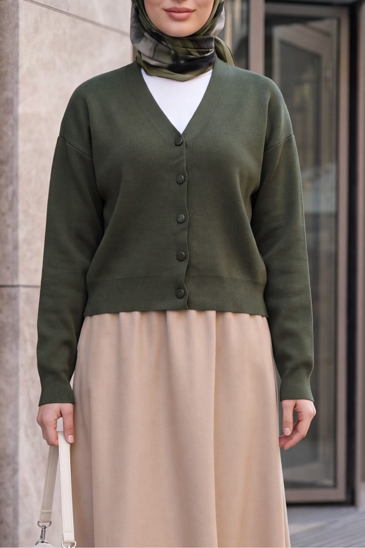 V-Neck Button-Front Knit Cardigan -Khaki